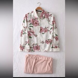 SHEIN White and Pink Floral Button-Down Shirt And Pants.